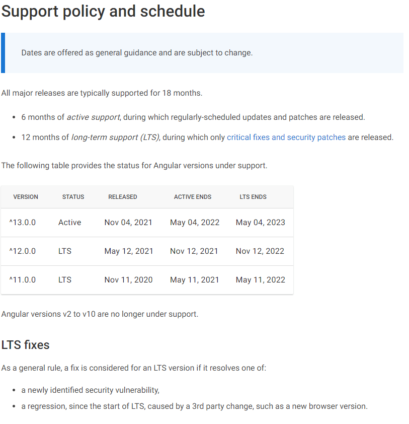 Angular support policy and schedule