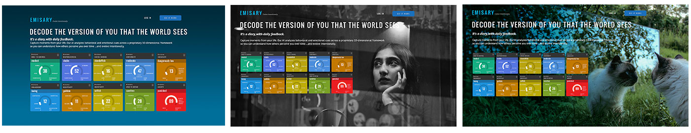 The first trial: I have the eyeball animation as our control, a simple graphic version, a soulful Gen Z woman staring thoughtfully into space, and a version with imagery that wouldn't signal age or gender.