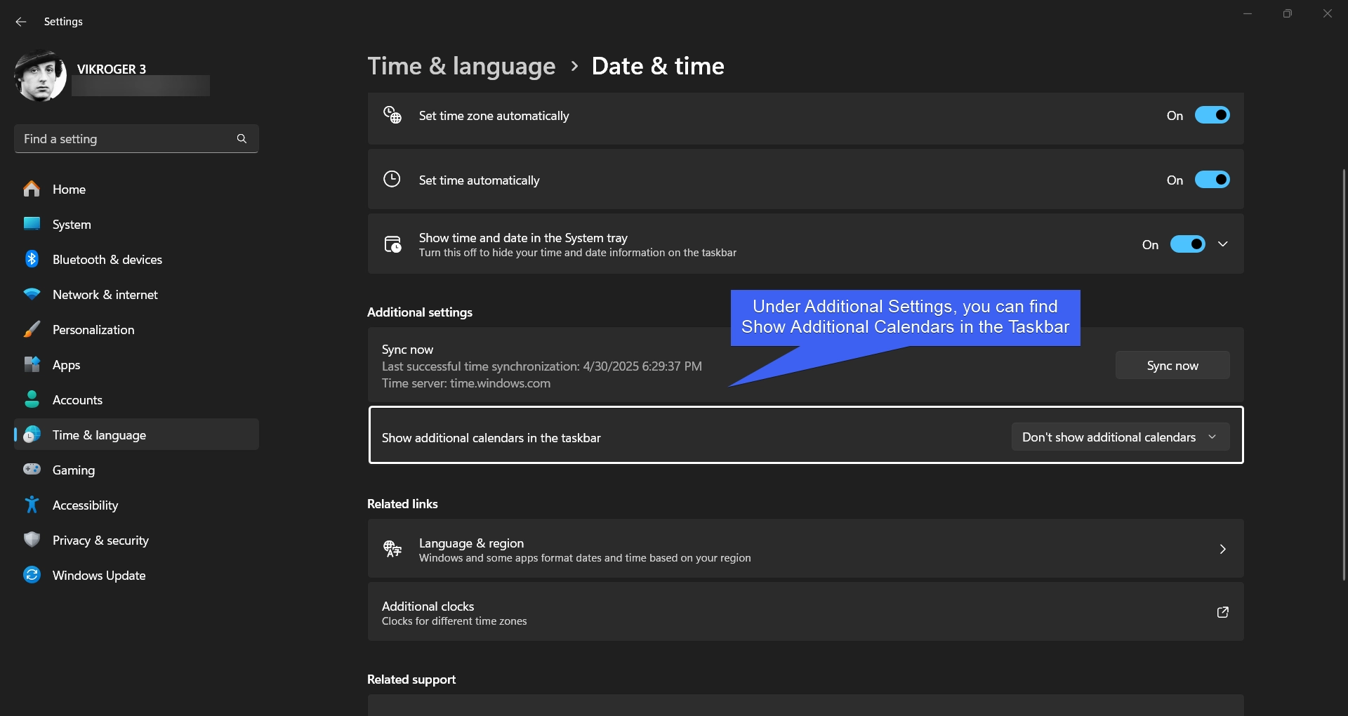 Locate Show Additional Calendars in the Taskbar
