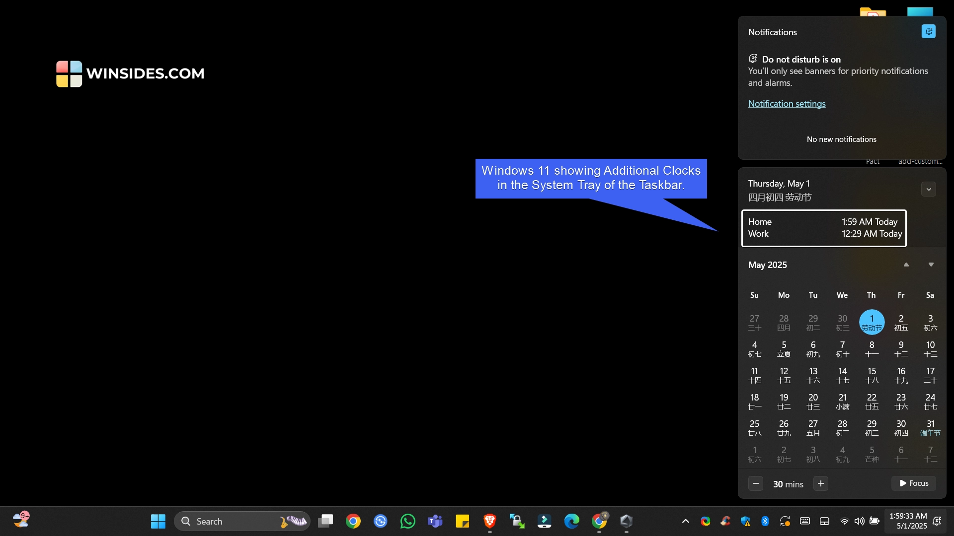 Windows showing Additional Clocks in the Taskbar