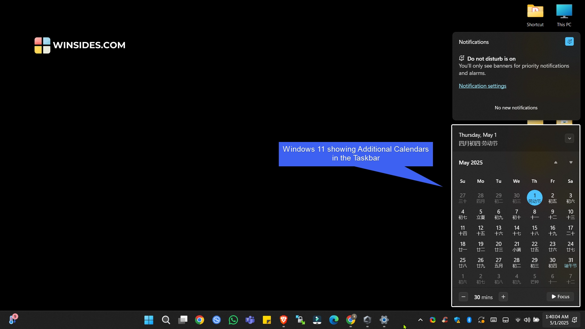 Windows 11 showing additional calendars in the taskbar