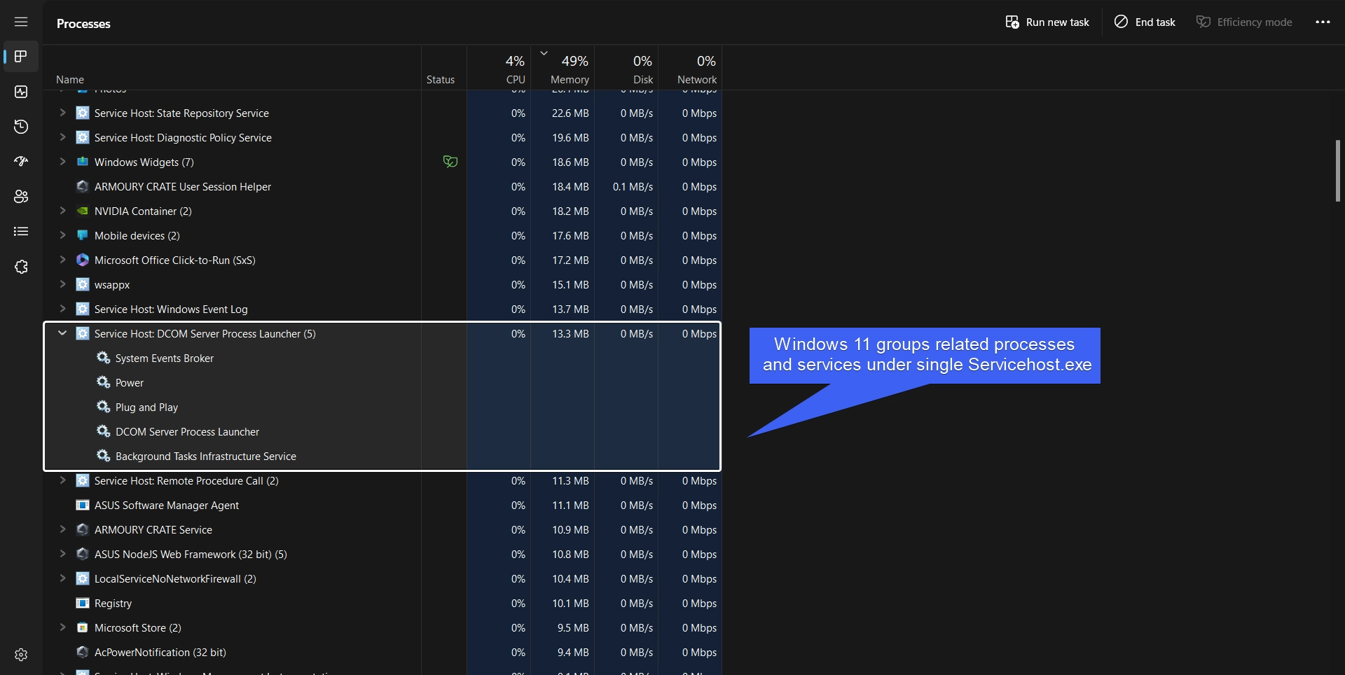 On Windows 11, svchost.exe groups services effectively for better output