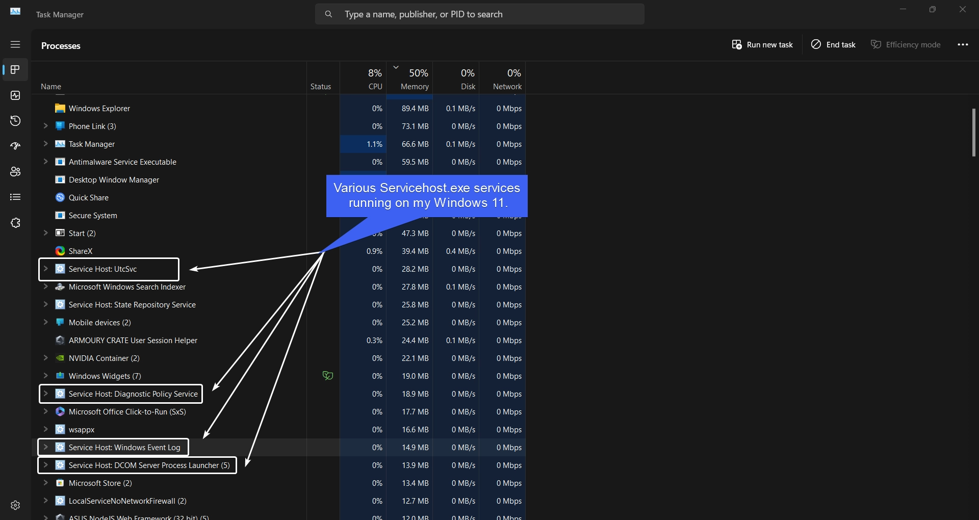 Various servicehost.exe services running on my Windows 11