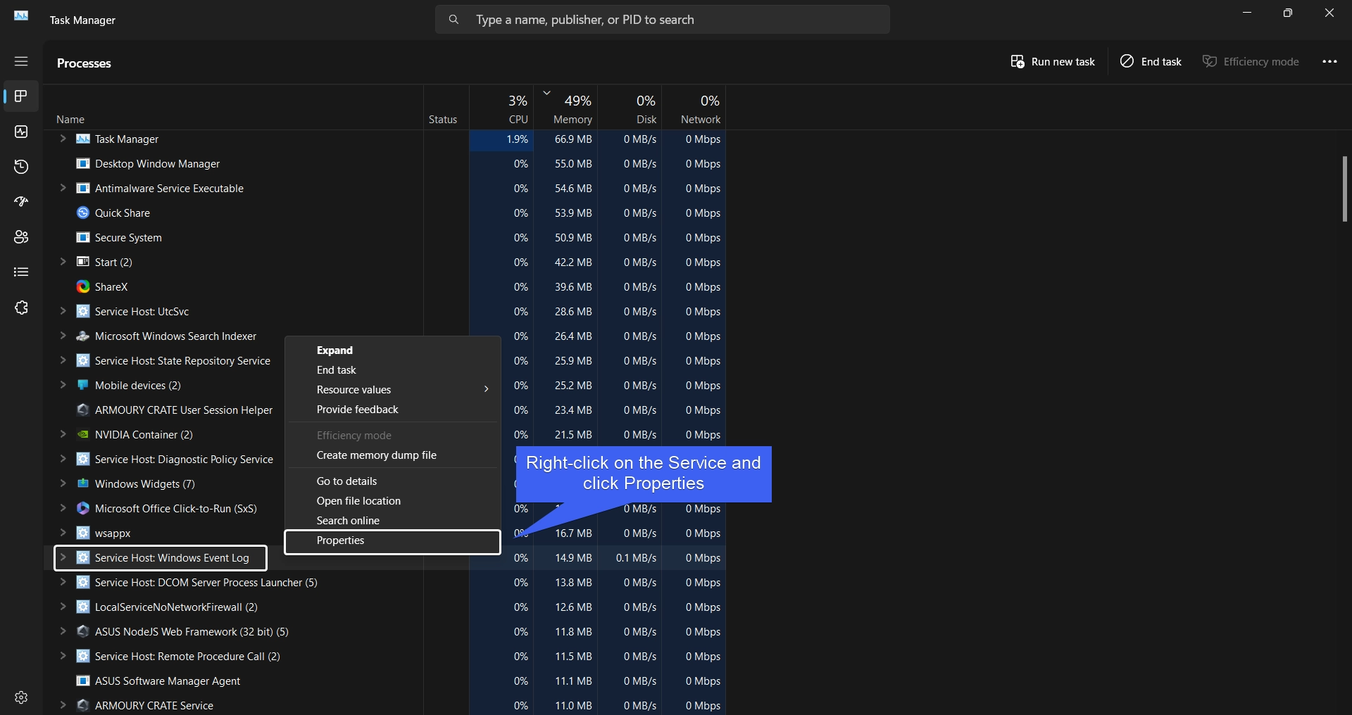 Right-click on the Service and click Properties
