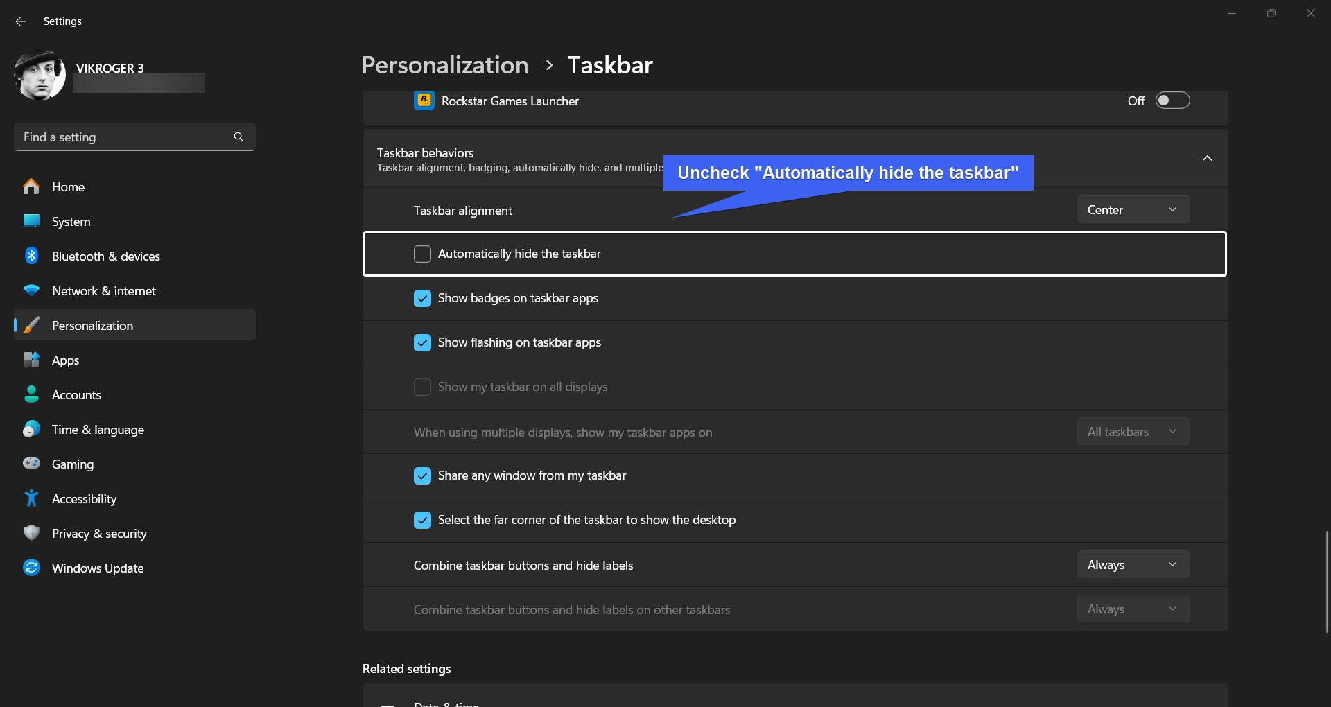 Disable Auto Hide Taskbar on Windows 11