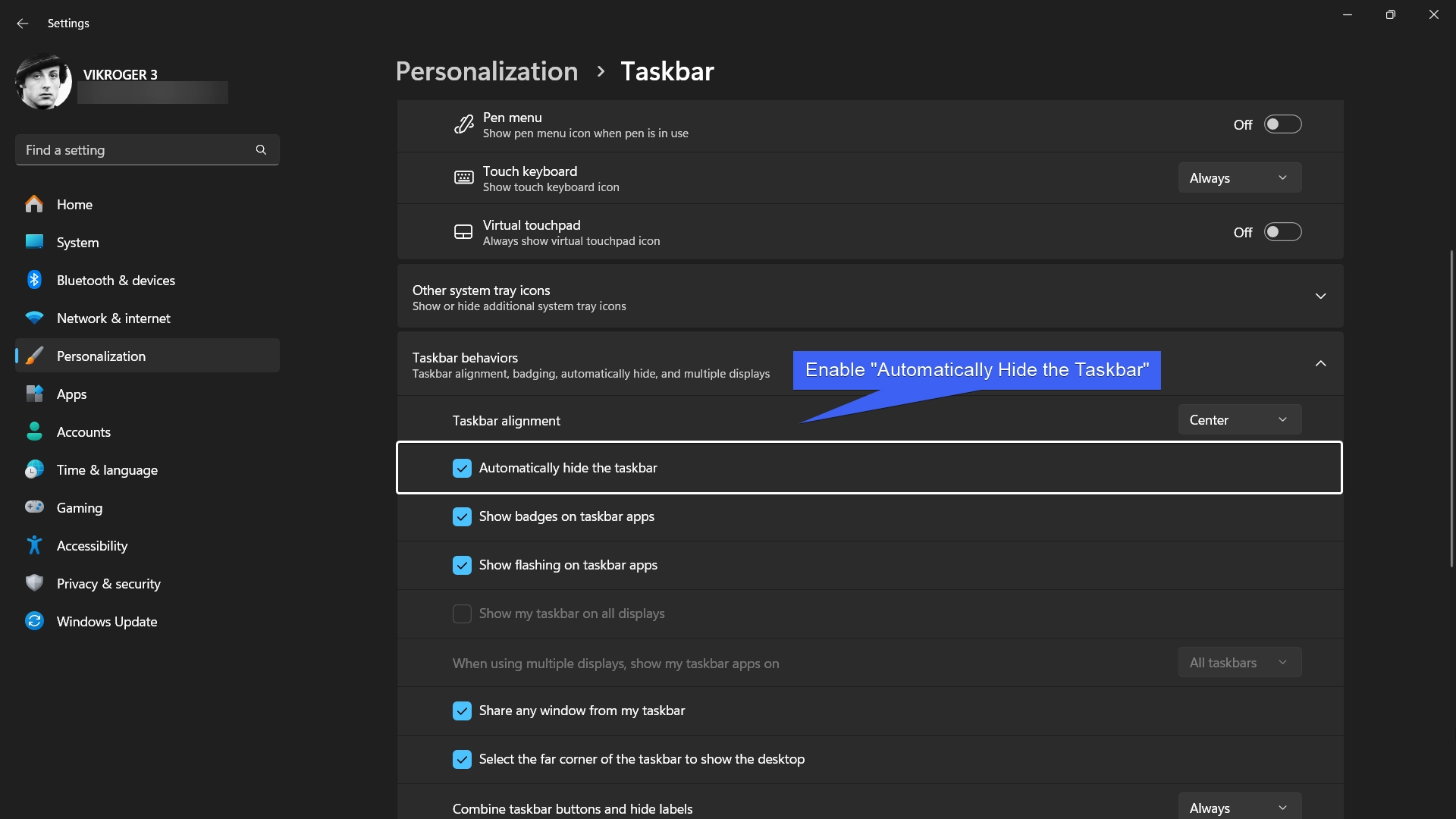 Enable Auto Hide Taskbar on Windows 11