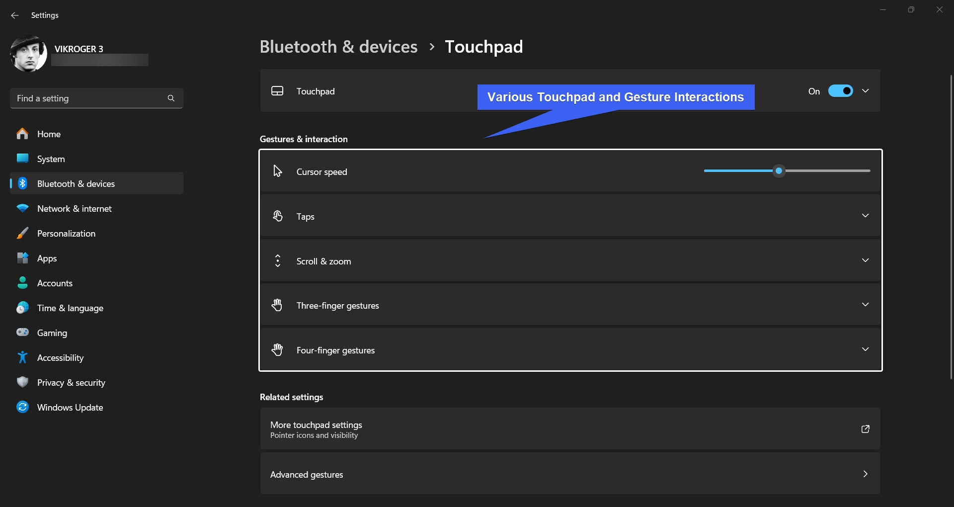 Various Touchpad and Gesture Interactions