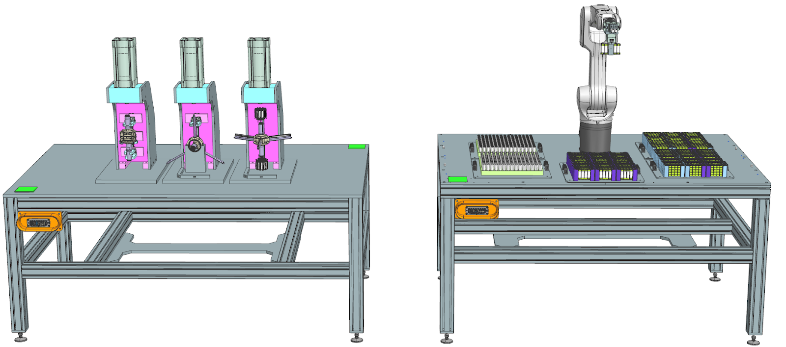 An example of such modules is a pneumatic press assembly module (left) or a robot battery model assembly module (right).