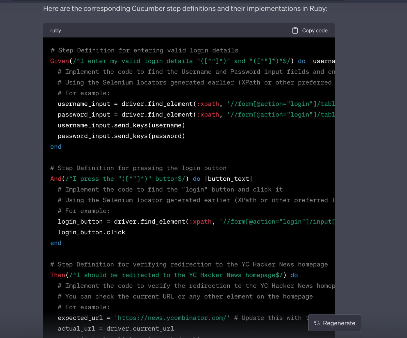 The cucumber step definition generated