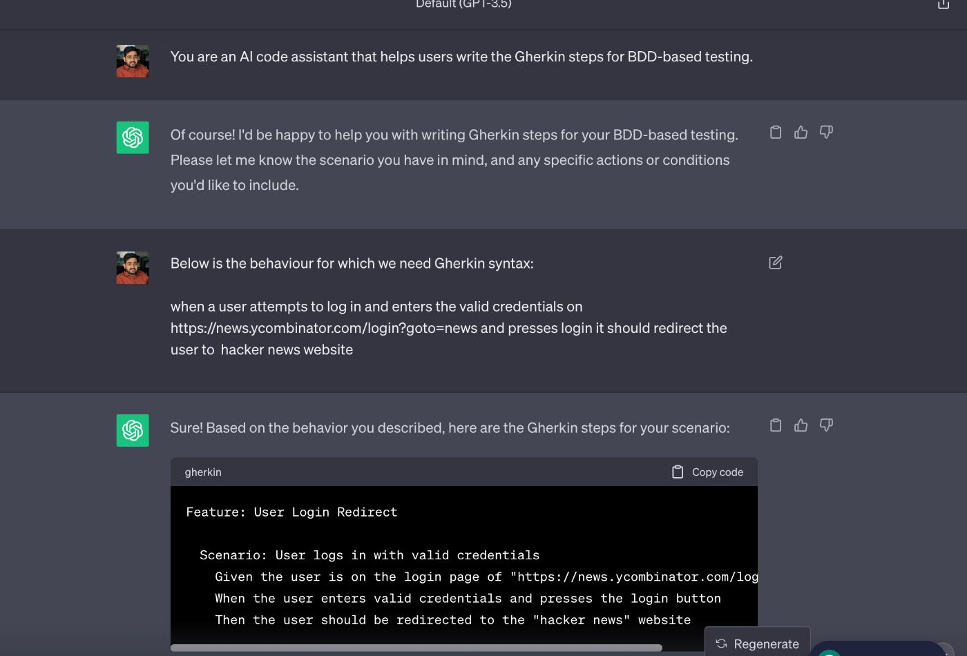 ChatGPT outputs the relevant Gherkin Syntax for a behavior presented