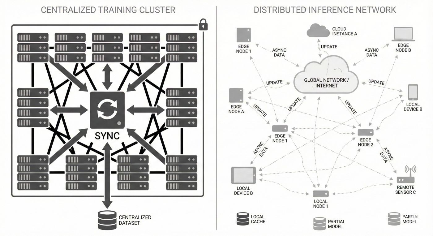Architectural contrast between centralized AI training and distributed inference — synchronization versus asynchrony, density versus distribution.Diagram generated using a centralized AI image model (Google Gemini).