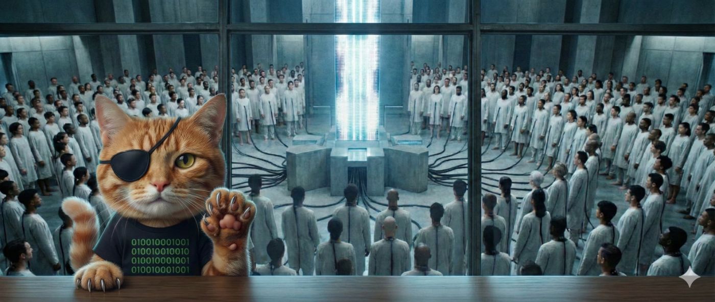 To illustrate the argument of this article, this image of&nbsp;“the scratching cat”, a warning figure against a potentially dystopian future, was generated by a centralized AI. A deliberate irony, meant to remind us that this model is anything but inevitable.