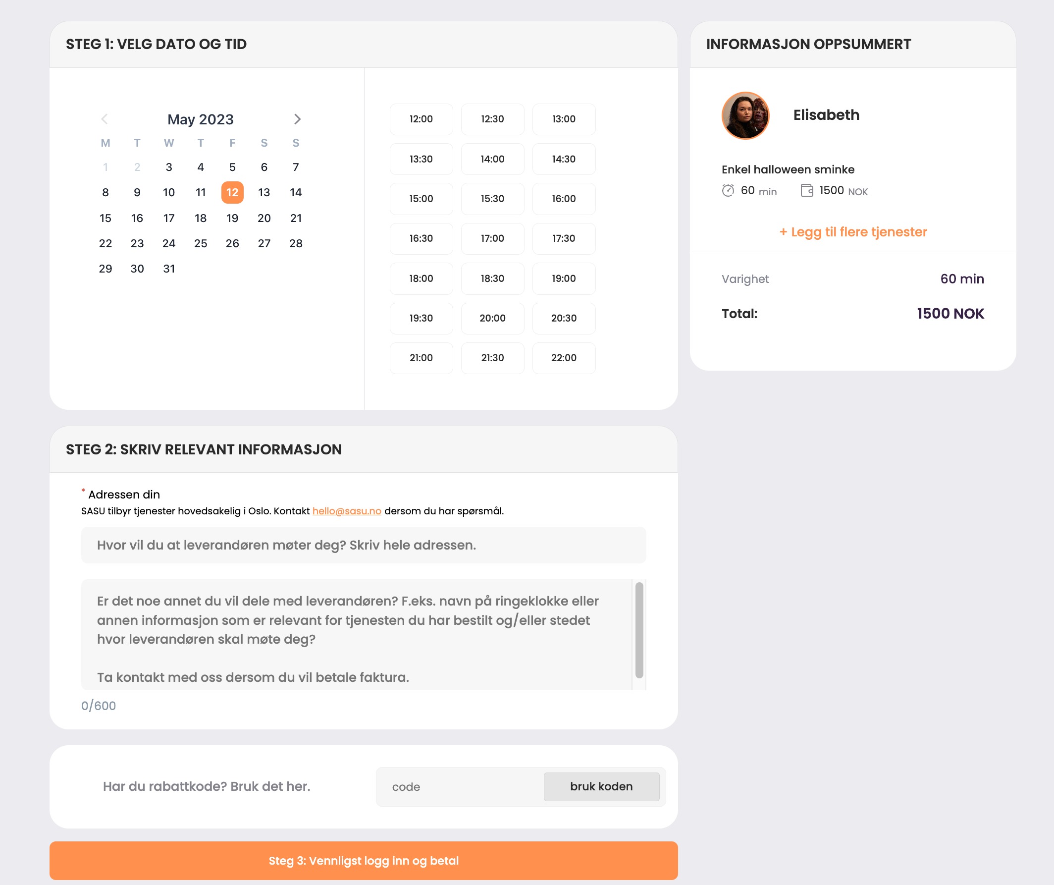 Booking flow example in beauty and health service marketplace https://www.sasu.no/