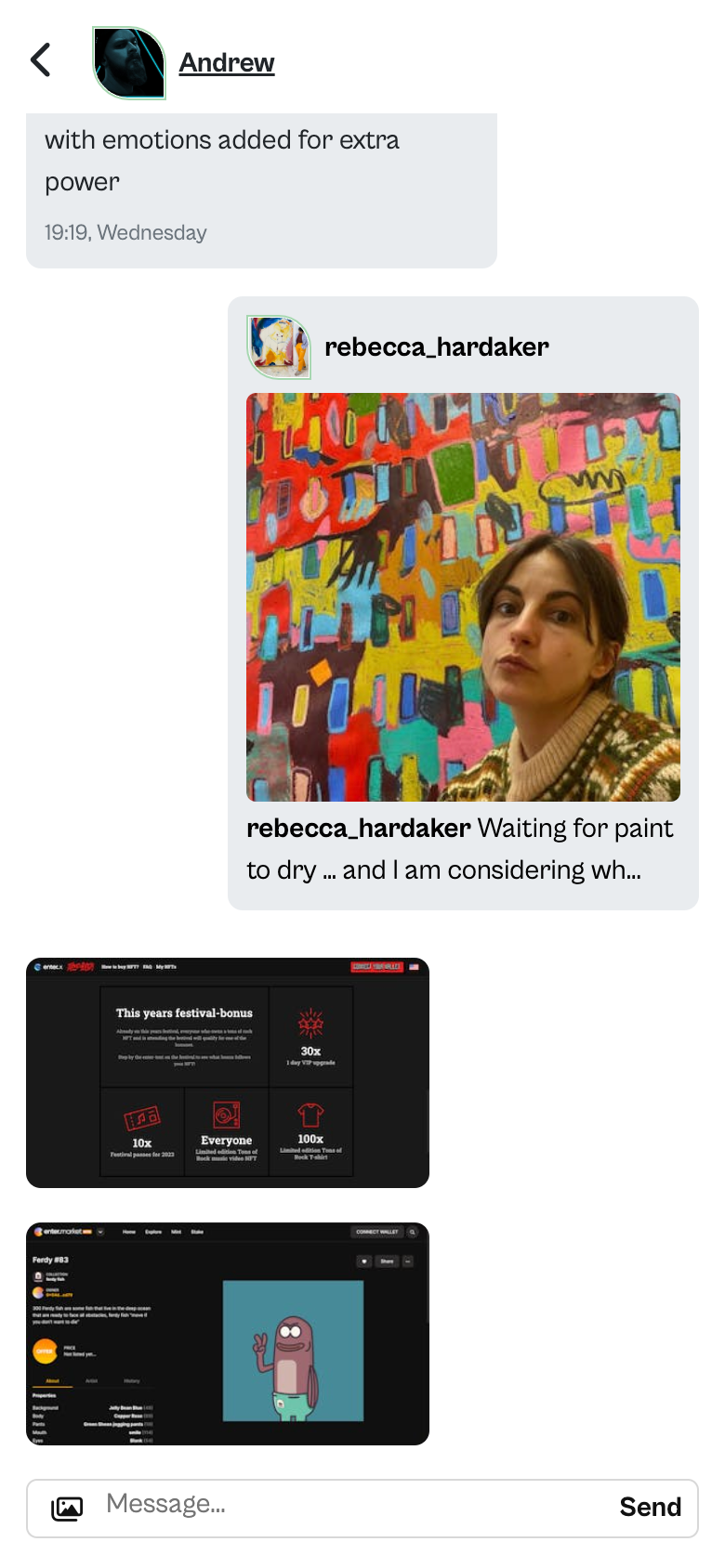 Mobile first chat example in art social marketplace The Conart