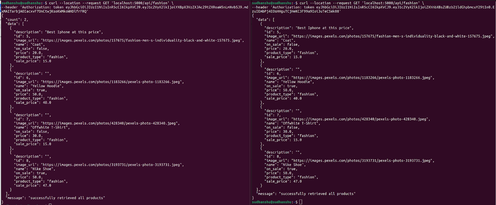 API response comparison for two users