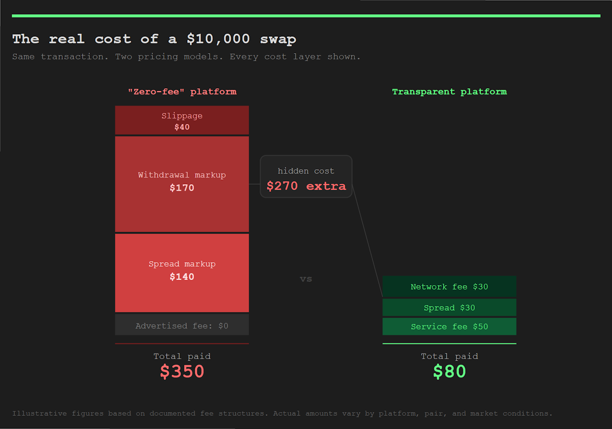Side-by-side cost breakdown of a $10,000 crypto swap on a "zero-fee" platform versus a transparent platform. The zero-fee platform totals $350 in hidden fees — spread markup $140, withdrawal markup $170, slippage $40 — compared to $80 all-in on the transparent platform. Hidden cost difference: $270.