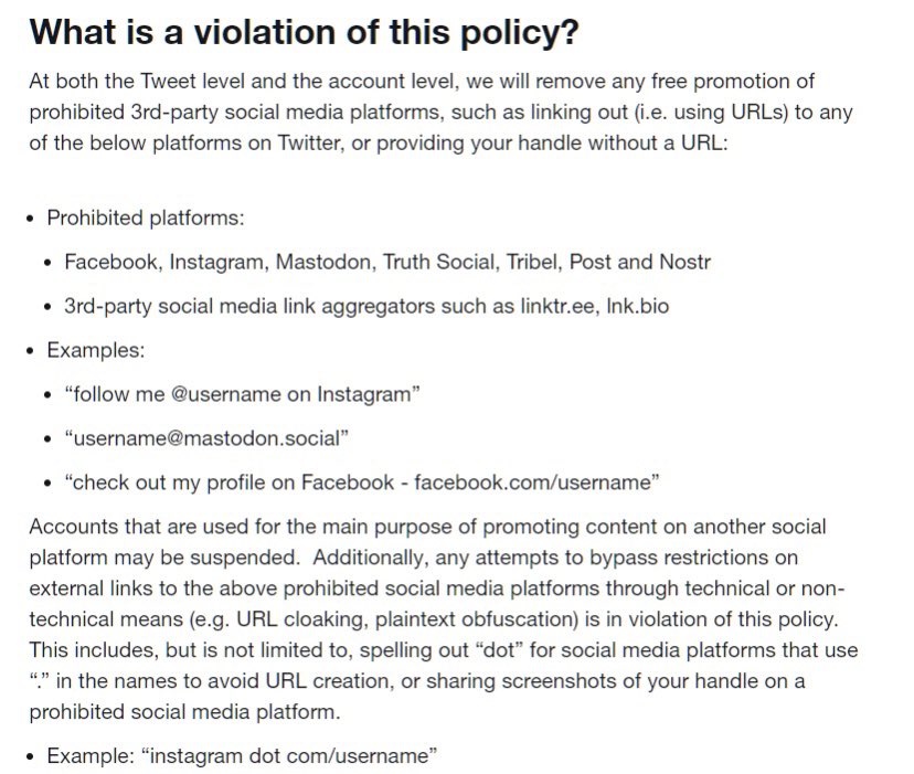 Twitter's now deleted policy banning external links to competitors
