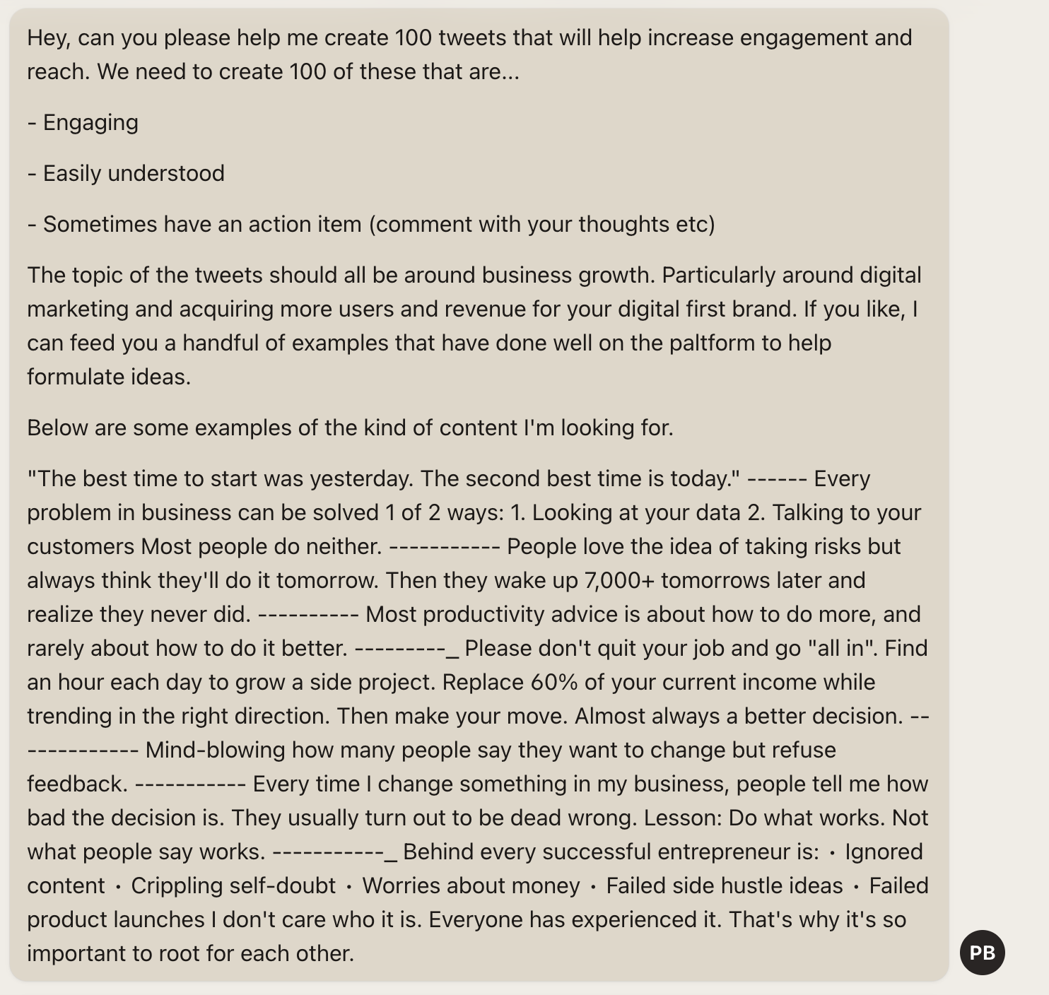 The AI prompt used to create social media posts from AI.  