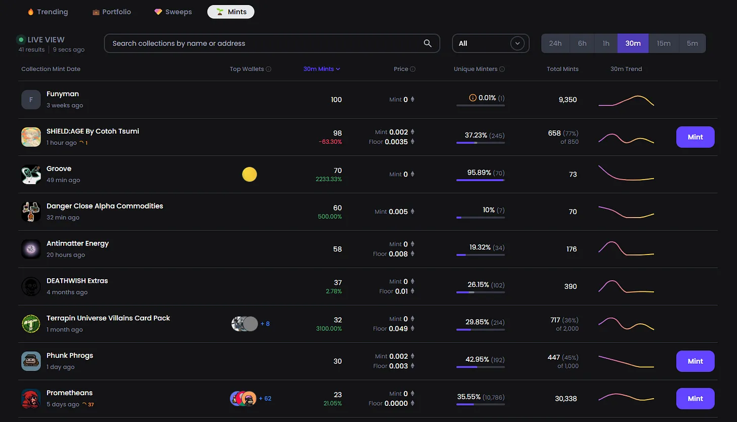 Example of Gem’s Mints UI on the Discovery page