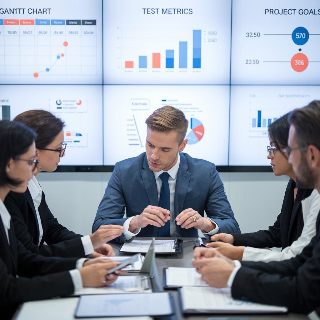 A picture of a management review meeting. Showing charting and project status.