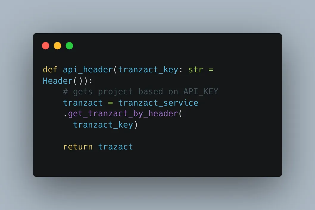 a function that checks for the API-Key sent as a Request Header and returns a single tranzact record.