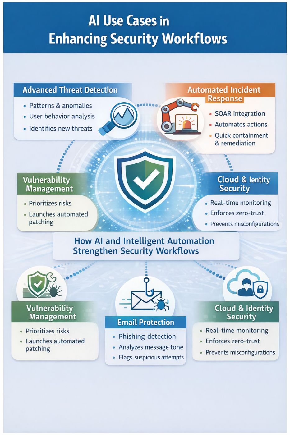AI Use Cases in Enhancing Security Workflows. This infographic shows how AI and automation strengthen security by improving threat detection, incident response, vulnerability management, cloud security, and email protection.