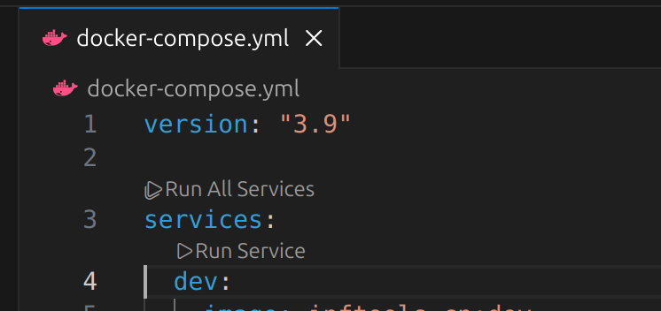 VSCode code container extension in-lines container and service run commands into compose files.