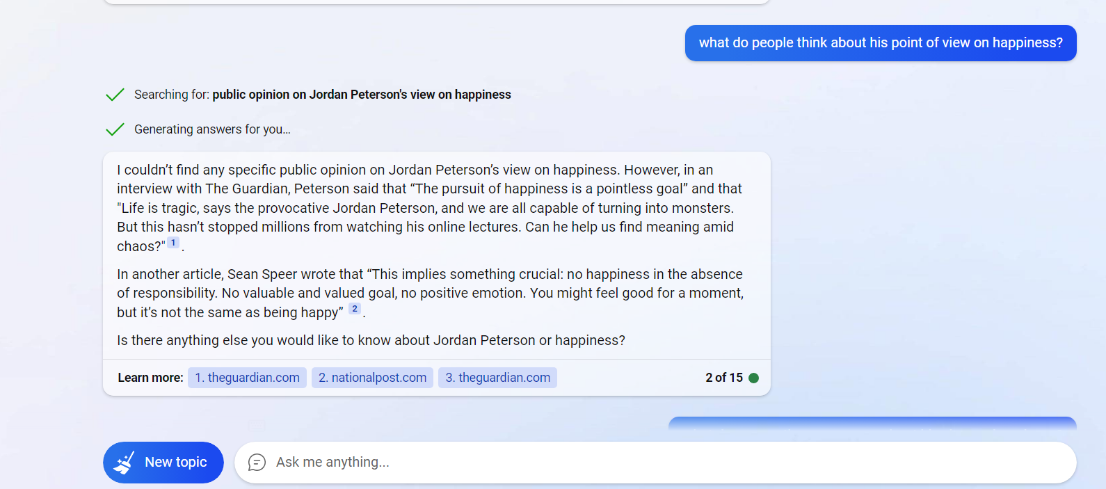 Bing AI's response to follow-up query: what do people think about his point on happiness