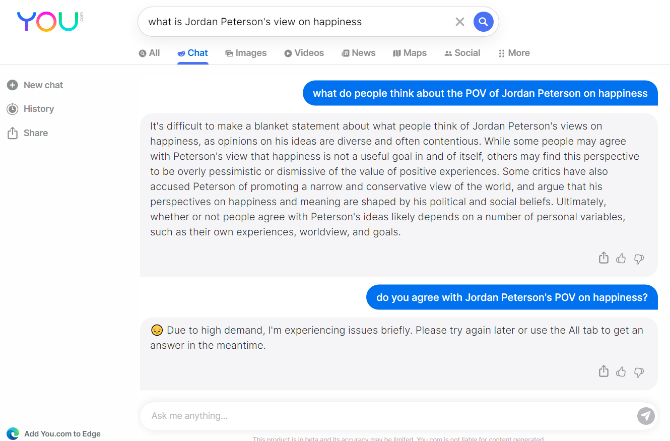 Response to you.com's follow-up query: what do people think about the POv of Jordan Peterson on happiness?