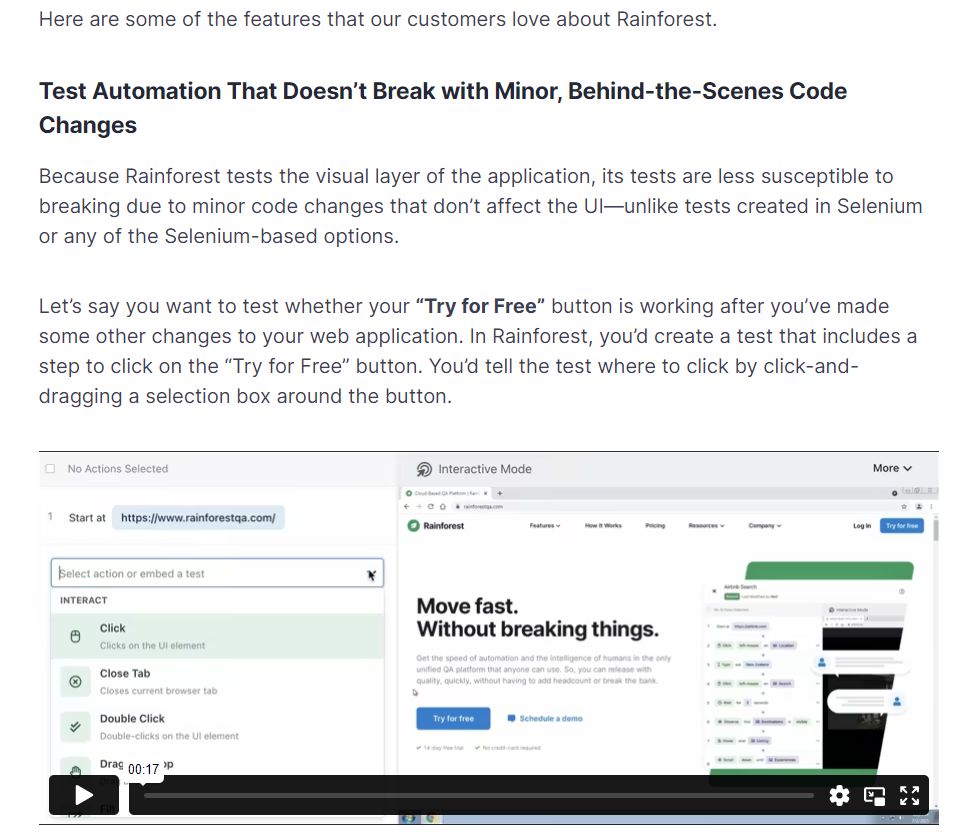 Image showing a screenshot from Rainforest's demo of how their no-code tool helps companies check their code without the expertise of many developers.