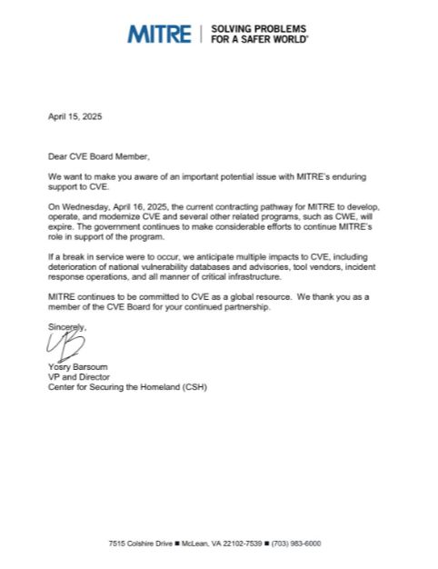 Official notice from MITRE that the CVE program will be defunded as of April 16, 2025