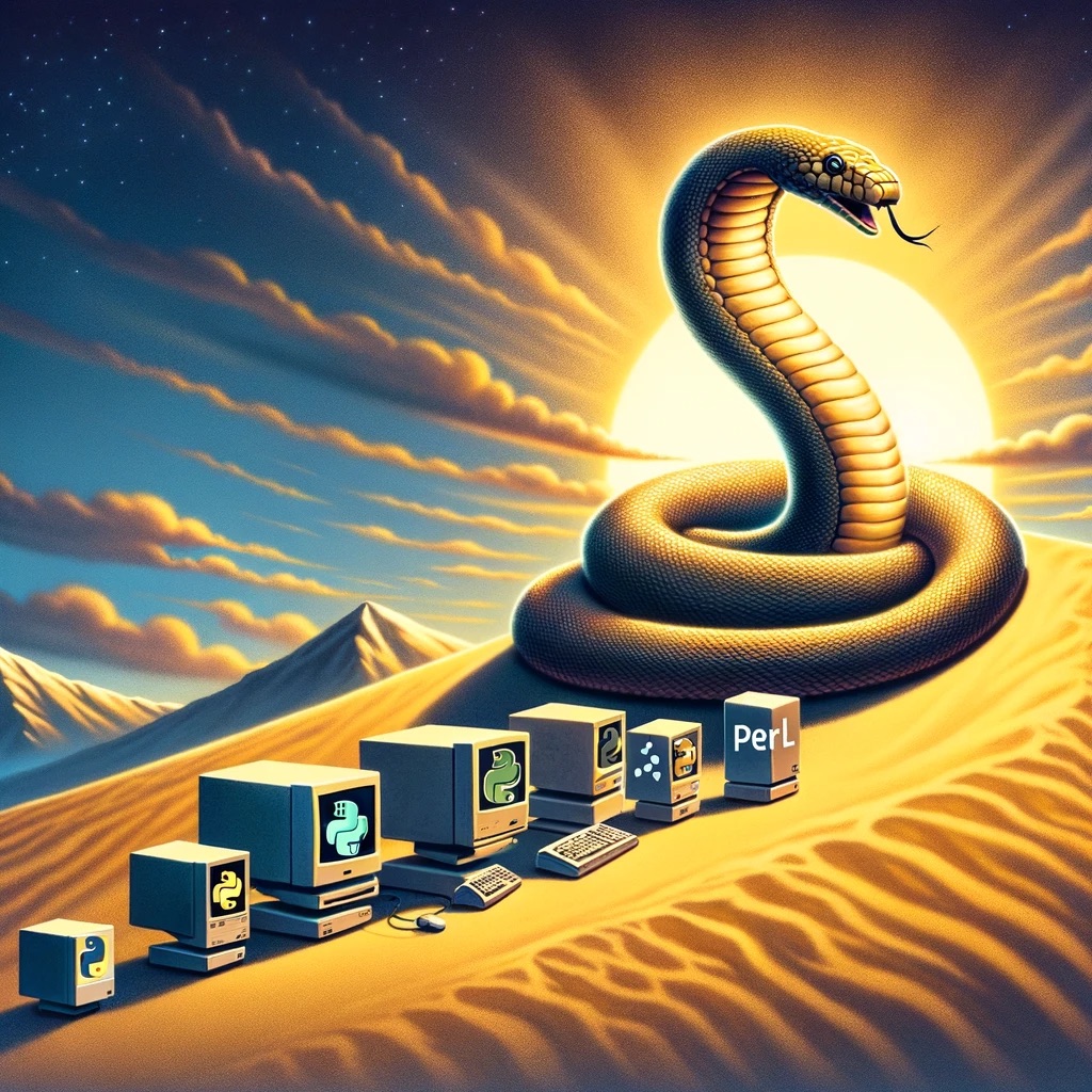 A series of early 80s style consoles and images of the python logo in various colors on each of them. The setting is a desert dune, and only one of these computers has a logo of Perl on it. Above it all looms a giant, majestic python. 