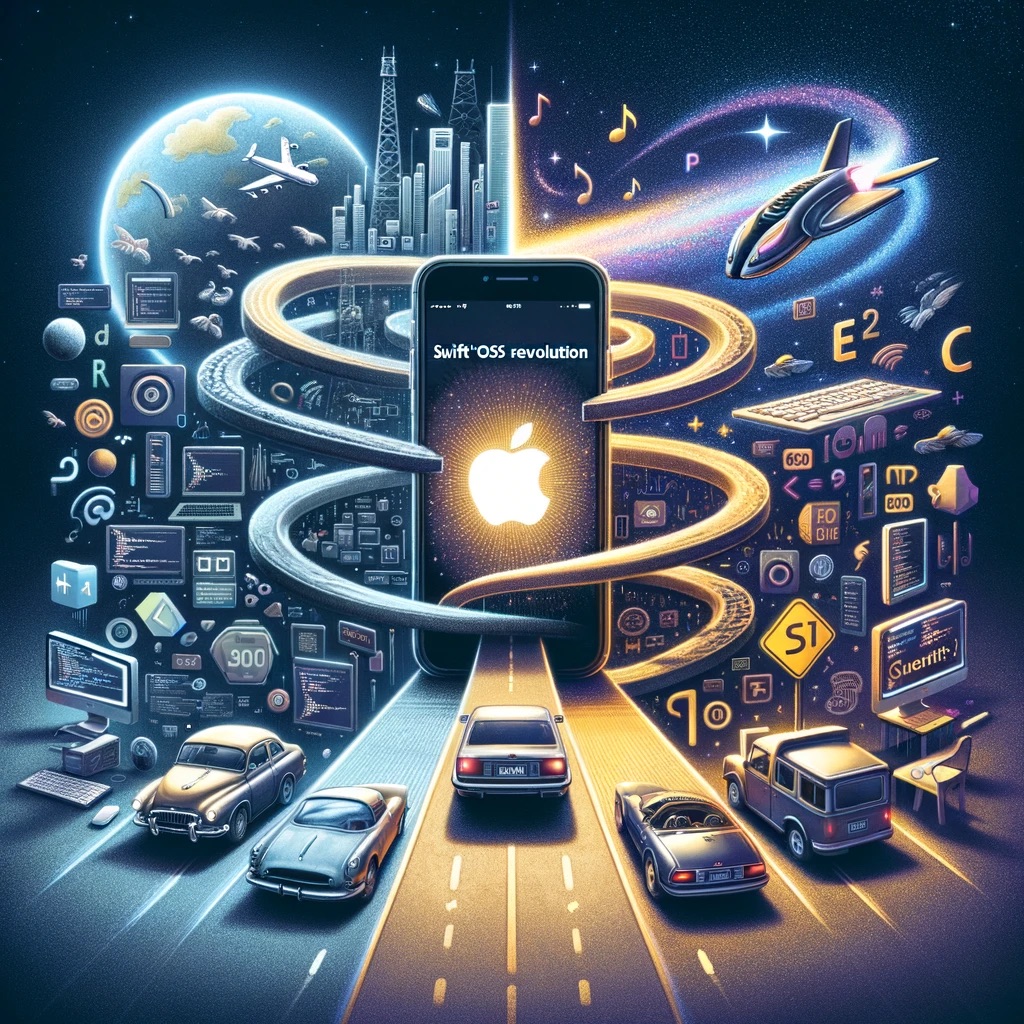 An iPhone surrrounded by all the technologies that are also impacted: airplanes, cars, a futuristic spaceship. 