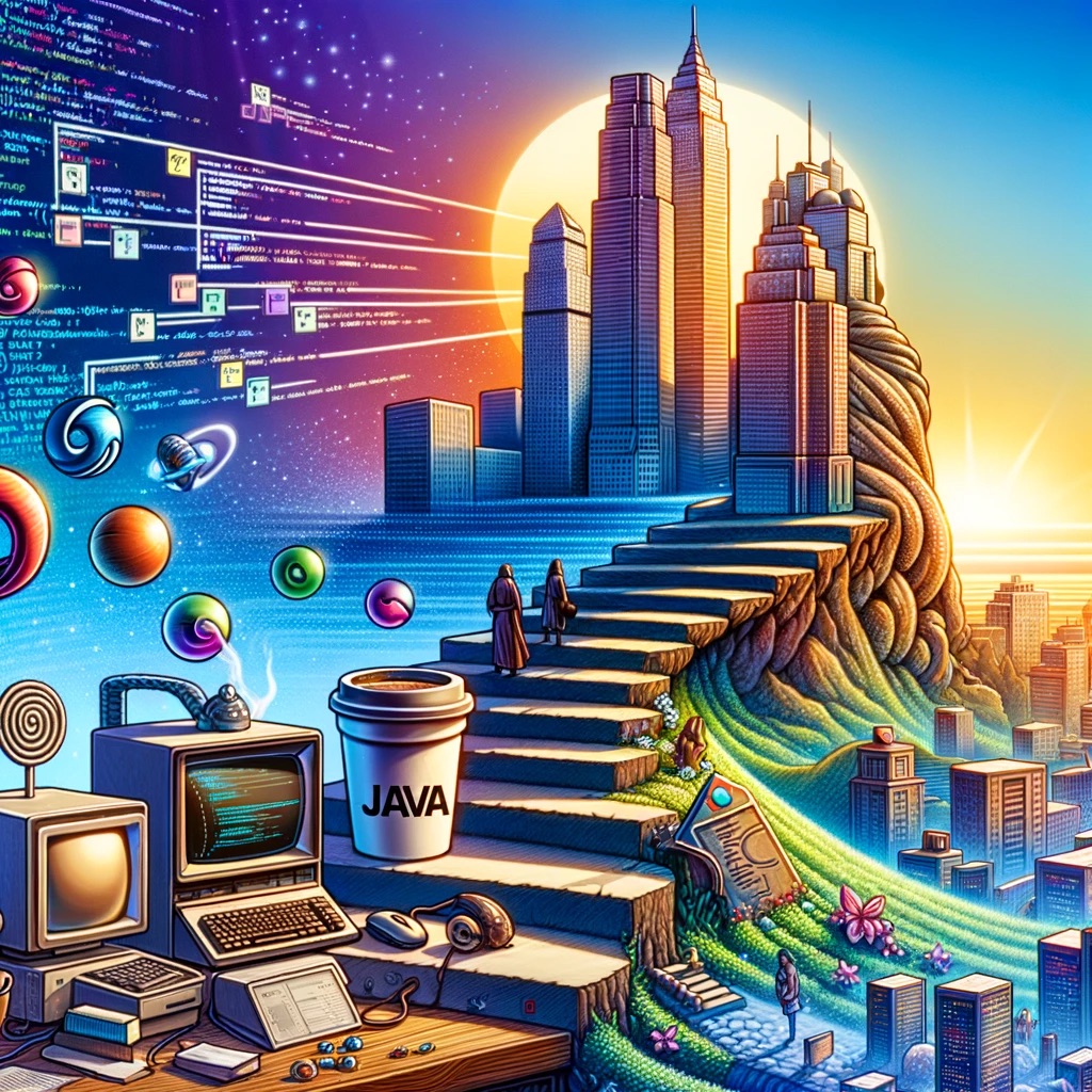 Steps with older computer models and a java coffee cup, with people walking up steps to a futuristic city that we will assume is the Great Land of Java Enterprise. 
