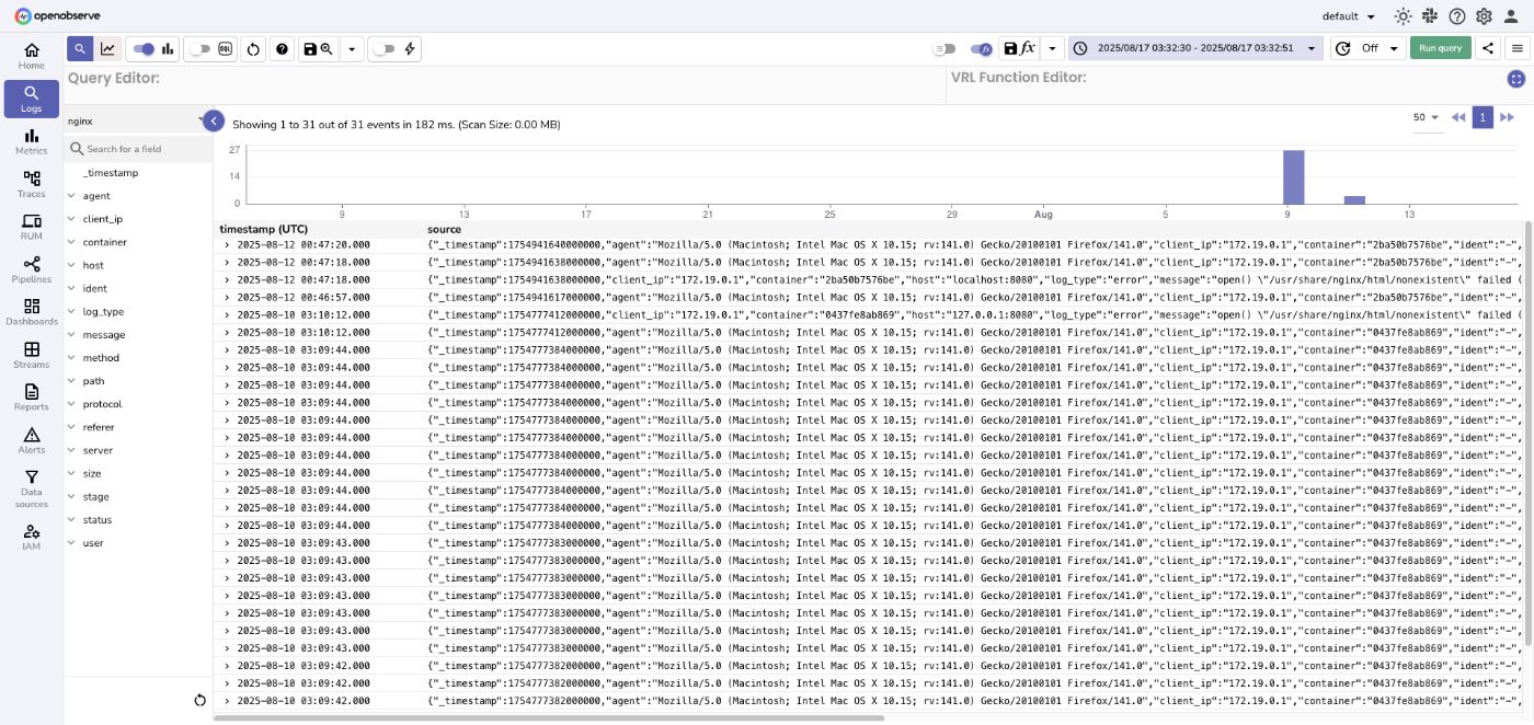 OpenObserve - Logs view