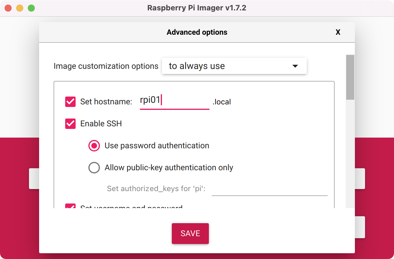 Raspberry Pi Imager Advanced Options