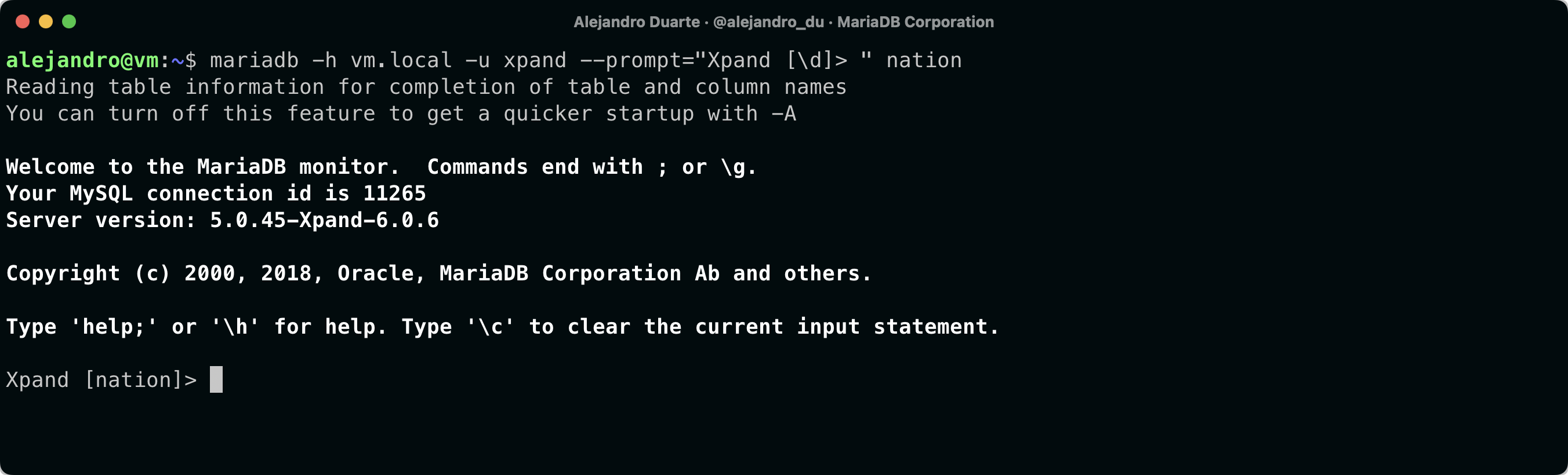 Connecting to MariaDB Xpand using a custom prompt