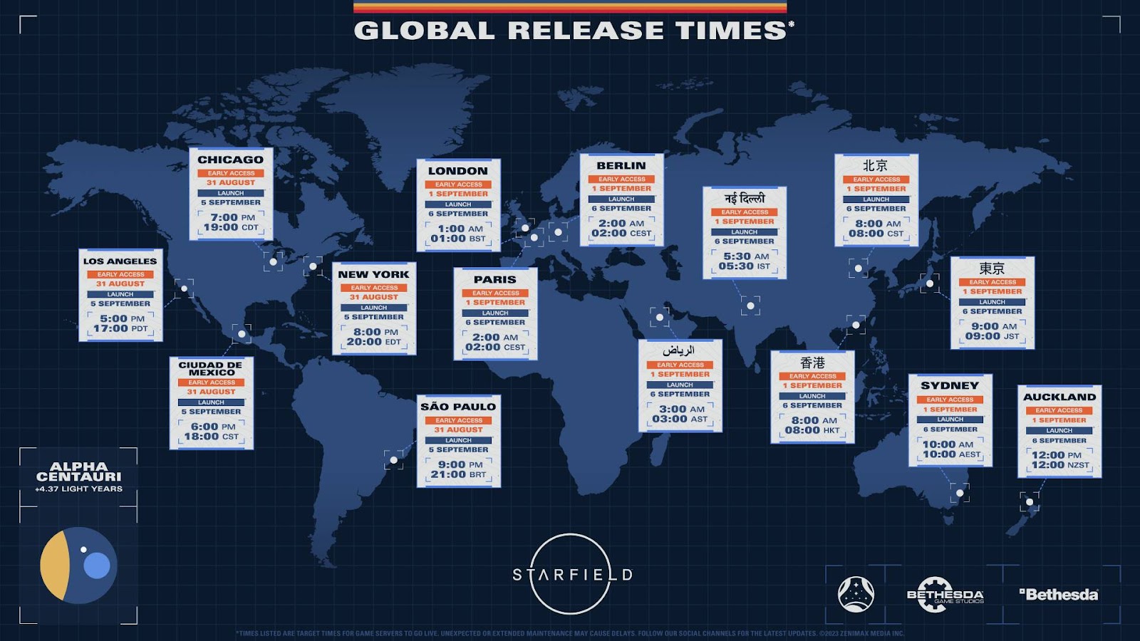 A global map of when Starfield will be released.