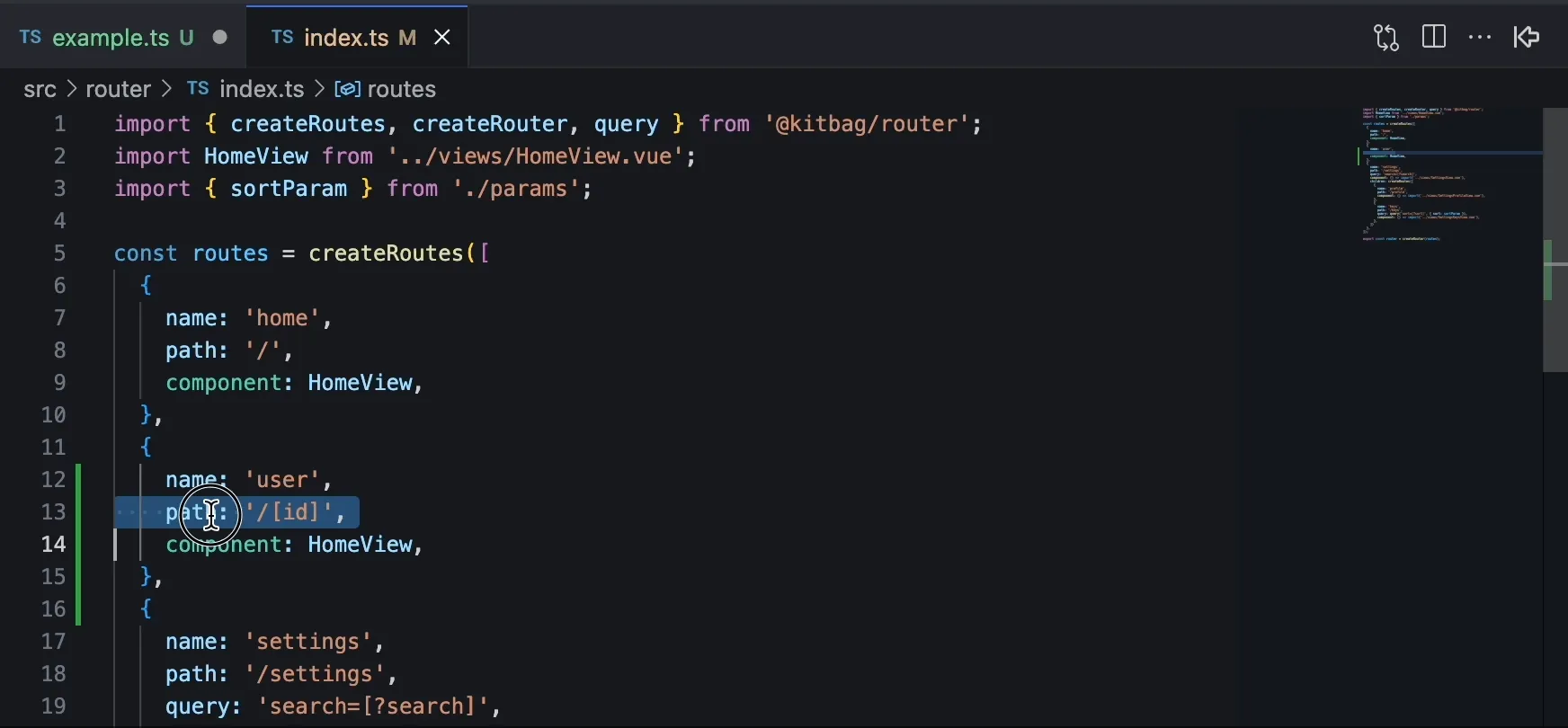 example of how changing param types in routes definition enforces type safety elsewhere