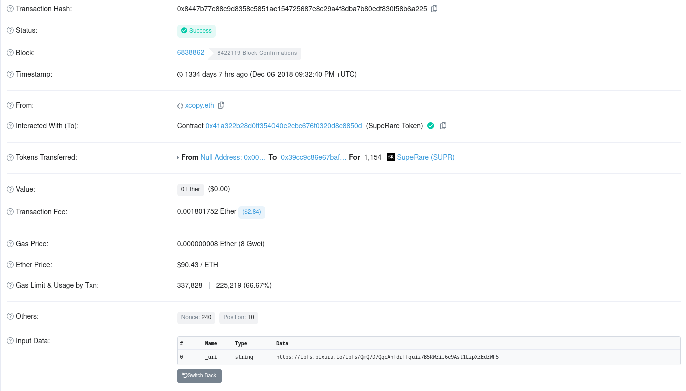 The transaction that minted Right Click Guy. The input data field has been decoded to show the URI of the NFT