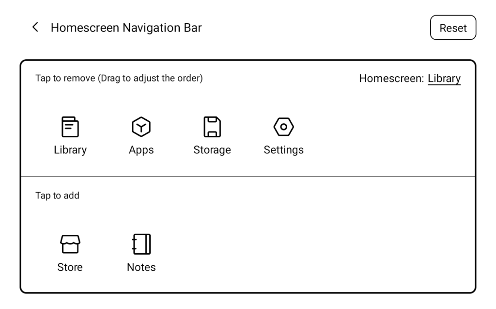 List of possible destinations for the home screen navigation bar