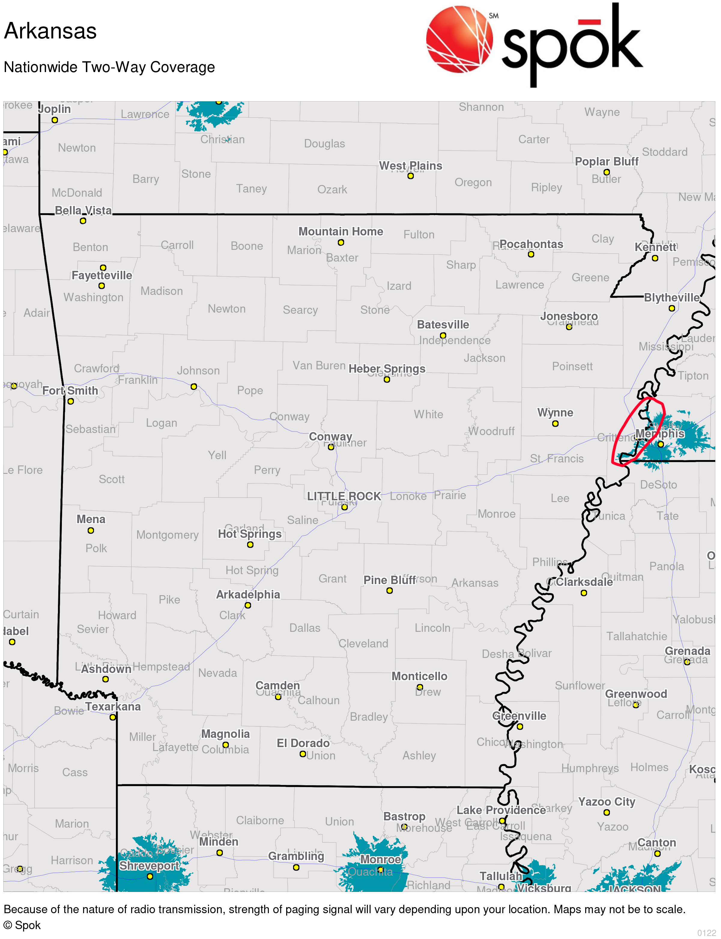 Arkansas Two-Way Pager Coverage Map. Copyright Spok, Inc