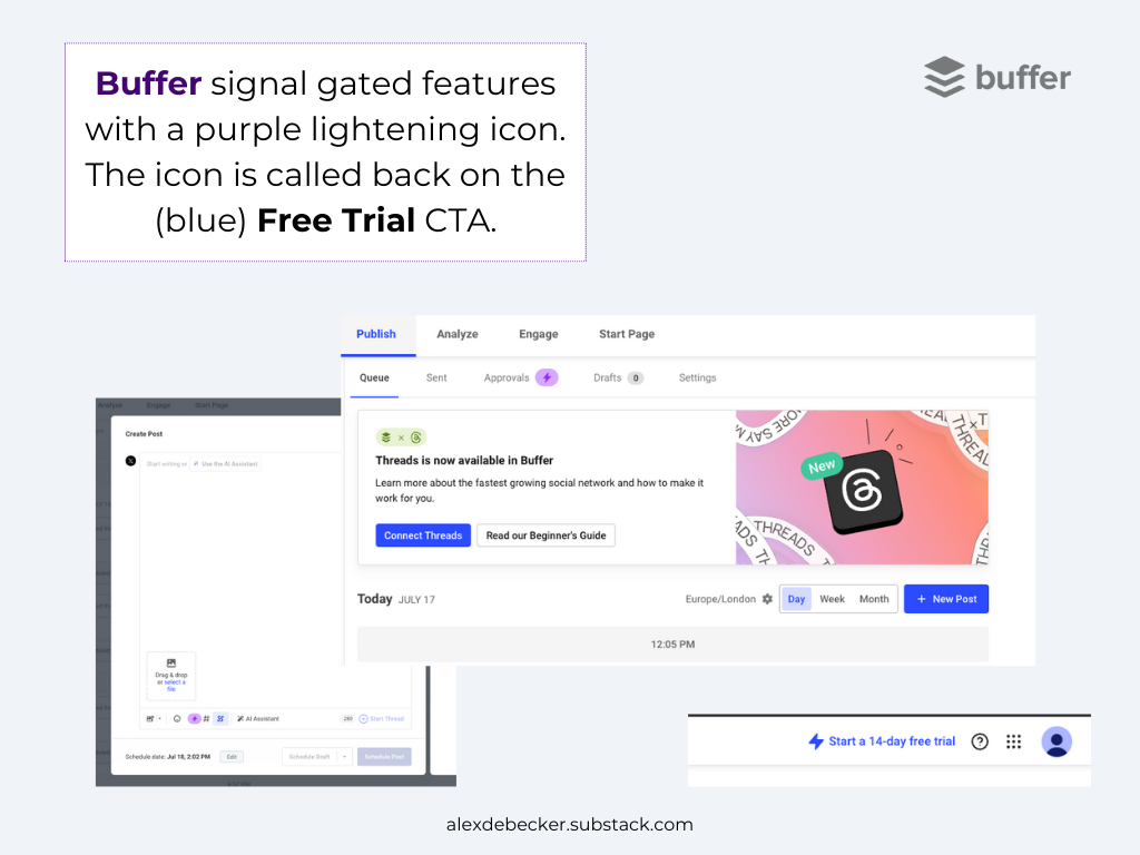 Buffer use a consistent visual clue to display which features require an upgrade