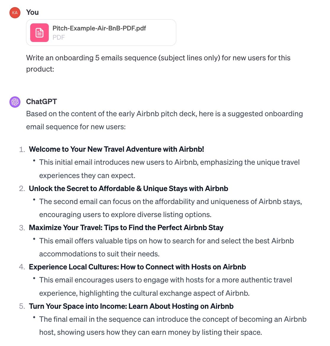 ChatGPT in action, responding to a prompt asking to generate an onboarding email sequence based on the product’s pitch deck