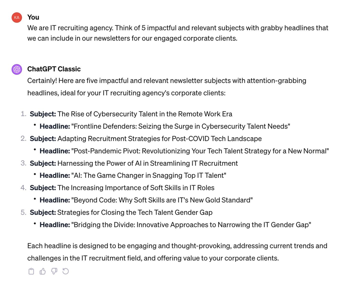 ChatGPT in action, responding to a prompt asking to generate ideas and potential headlines for a newsletter run by an IT recruiting agency