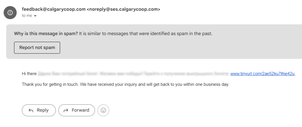 Calgary Co-op is a legitimate company. However, our team member, who received this email, never contacted them.