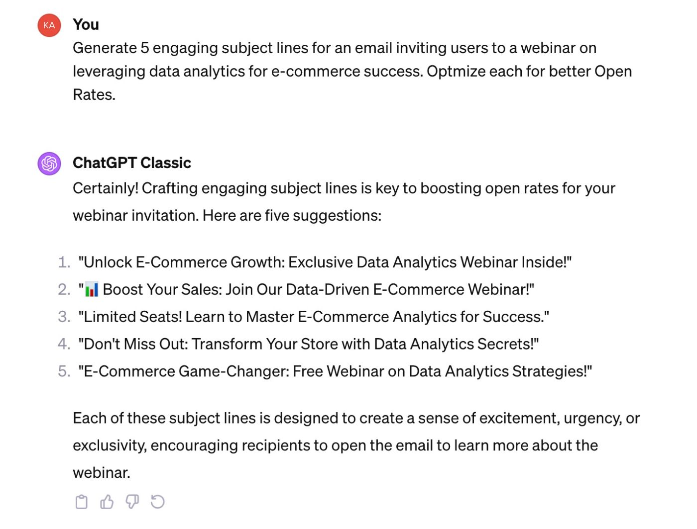 ChatGPT in action, responding to a prompt asking to generate five engaging subject lines and optimize them for better open rates