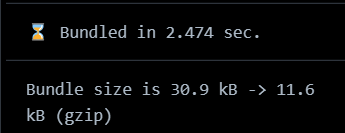 Image of bundle results in the console. It shows the bundle time and the compressed/un-compressed bundle size