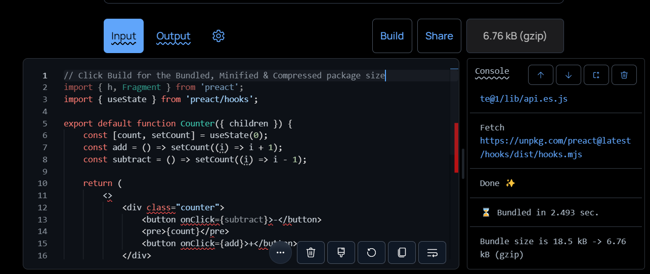 Изображение демонстрационной версии JSX preact на bundlejs