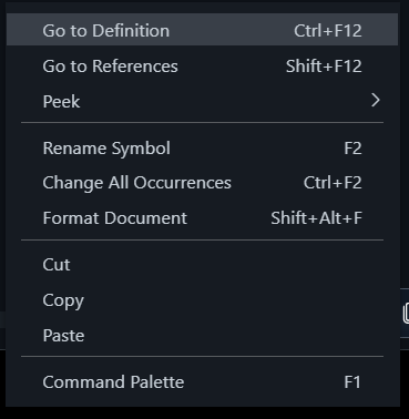 Image of code editor shortcuts on right click menu